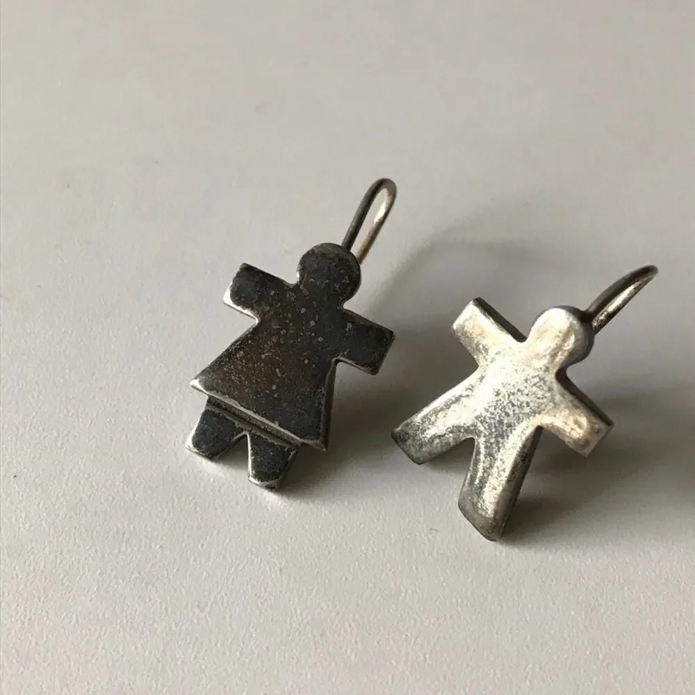 Estate Vintage 925 Mexico Sterling Silver Family Boy & Girl Figure Earrings